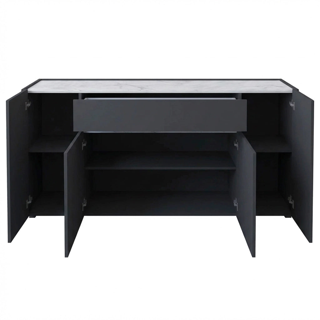 Credenza Moderna Con 4 Ante E 1 Cassetto Contenitore Senza Maniglie Per Sala Da Pranzo Zona Living E Soggiorno 170 X 85 X 40 Cm Grigio Scuro E Bianco Effetto Marmo