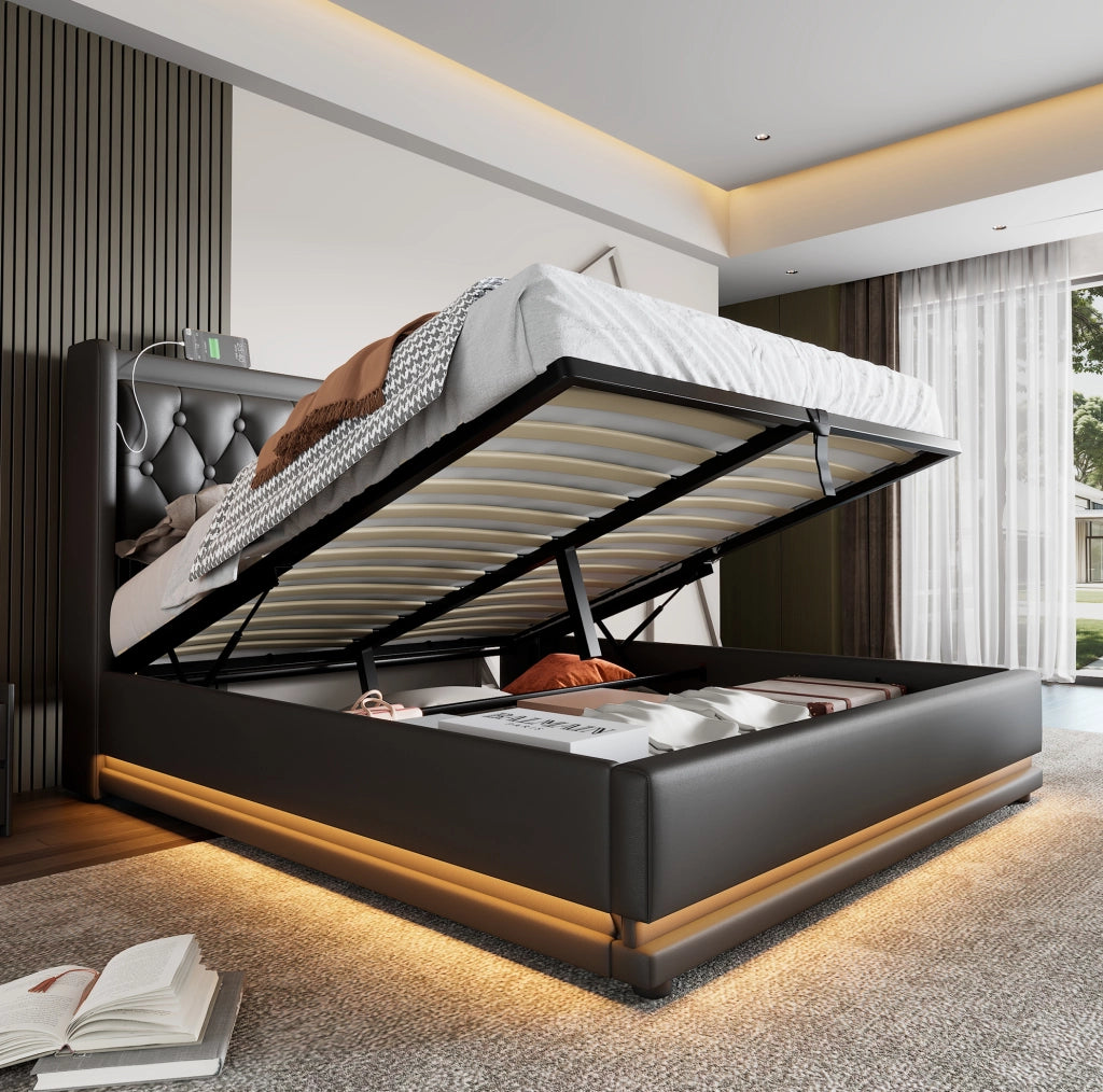 Letto matrimoniale 140x200 cm con materasso, LED e USB-C