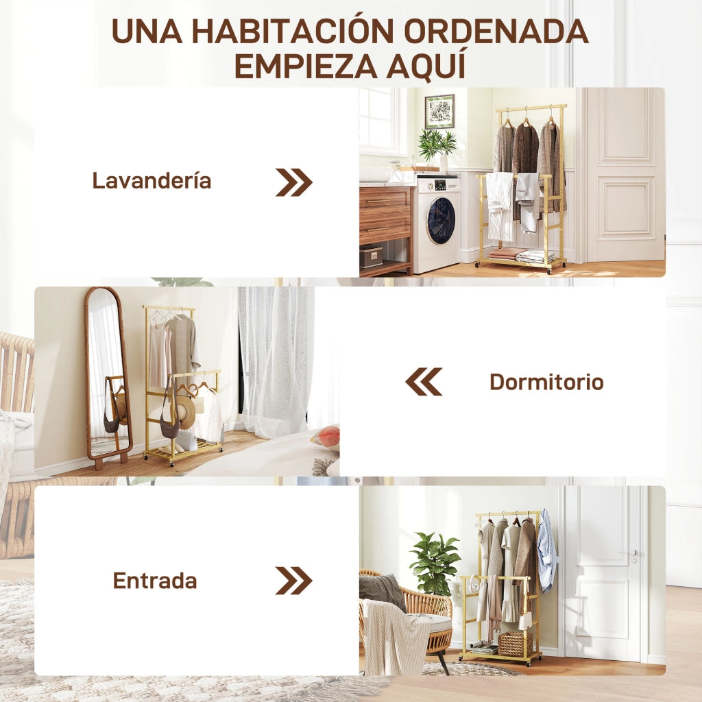 Appendiabiti con Ruote in Legno Bamb¨´ ¨C Xylo ¨C Scarpiera 2 Barre 80x40x160cm Naturale