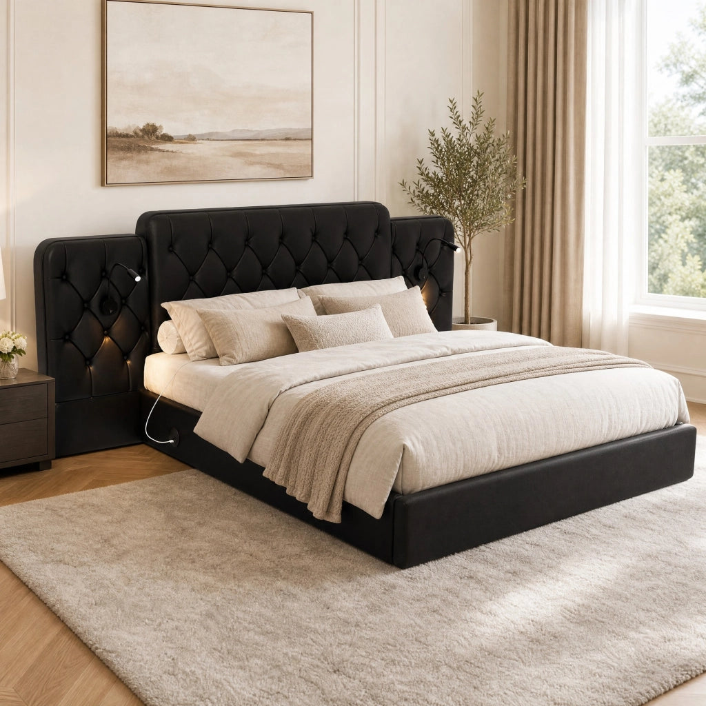 LETTO con testiera allungata 160x200 cm PU nero con luci da lettura e USB