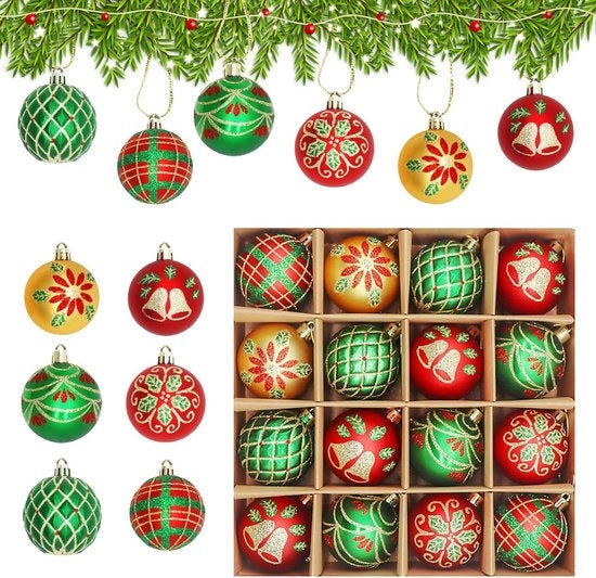 Set di decorazioni per albero di Natale - 16 pezzi di palloncini per albero di Natale in vetro - Rood e verde - Ornamenti per albero di Natale - Decorazione natalizia festiva