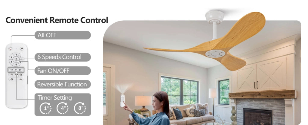 Ventilatore da soffitto 42" con 3 pale ABS, motore DC reversibile e telecomando, senza illuminazione