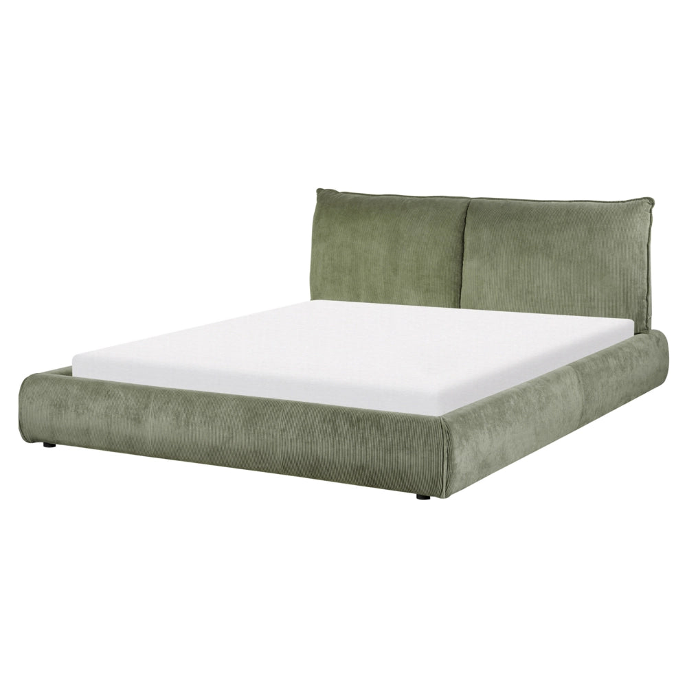 Letto matrimoniale imbottito in velluto a coste verde 160 x 200 cm con rete a doghe e spessa testata imbottita