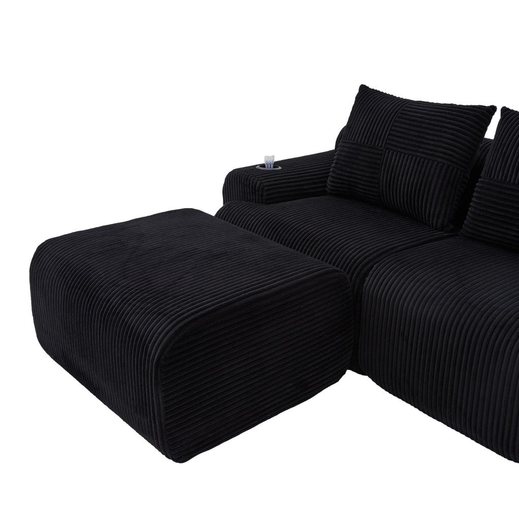 Divano modulare 3 posti con 2 pouf, portabicchieri e tasca laterale nero
