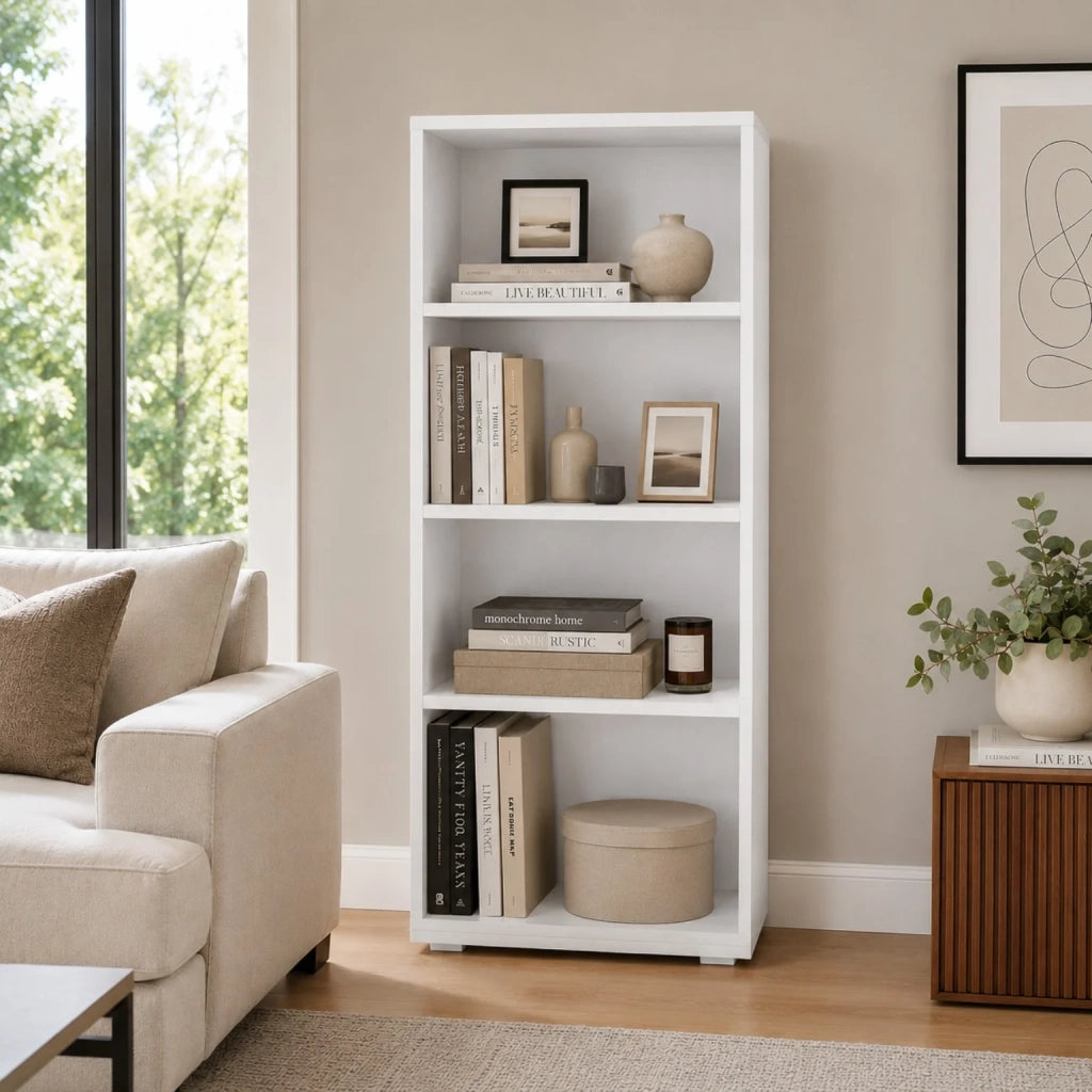 Libreria Bianca Salvaspazio con 3 Ripiani Regolabili | Scaffale Moderno Porta Libri e Raccoglitori | Mobile Libreria Verticale per Soggiorno, Ufficio e Studio 60x30x130 cm