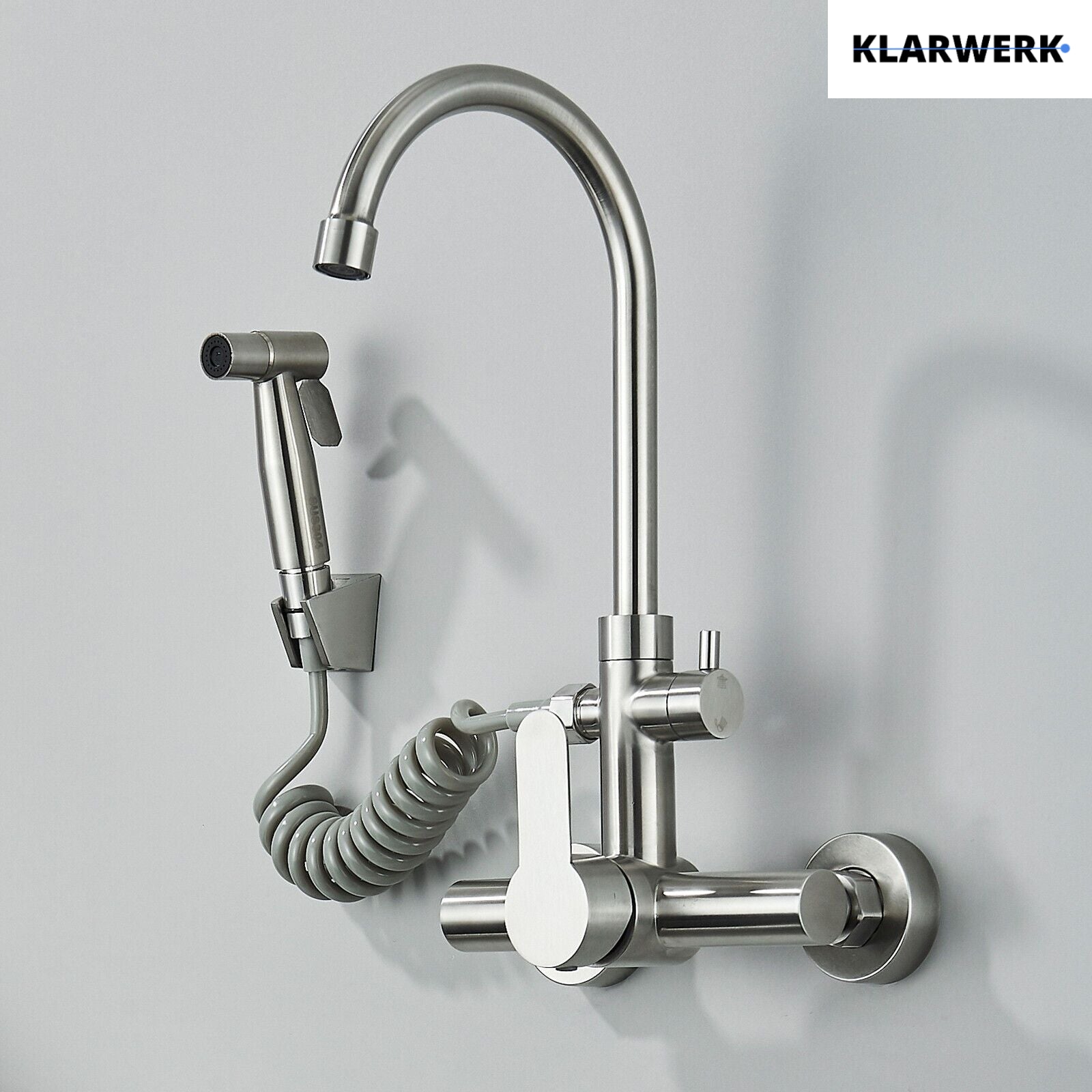 JULIE | rubinetto miscelatore da parete catering argento | professionale da cucina in acciaio inox con doccetta | ristorante da parete bocca alta