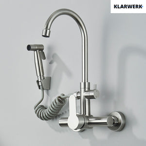 JULIE | rubinetto miscelatore da parete catering argento | professionale da cucina in acciaio inox con doccetta | ristorante da parete bocca alta