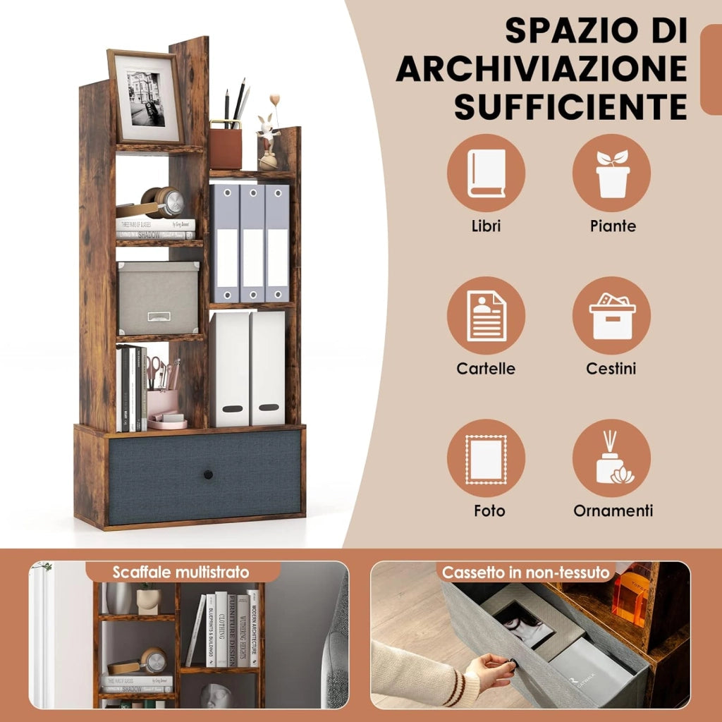 Libreria in Legno a 7 Piani, Scaffale Multifunzionale con 1 Cassetto e 7 Scomparti, Scaffale Espositivo per Soggiorno Studio Ufficio, 53x24x118 cm (Marrone, 1 cassetto)