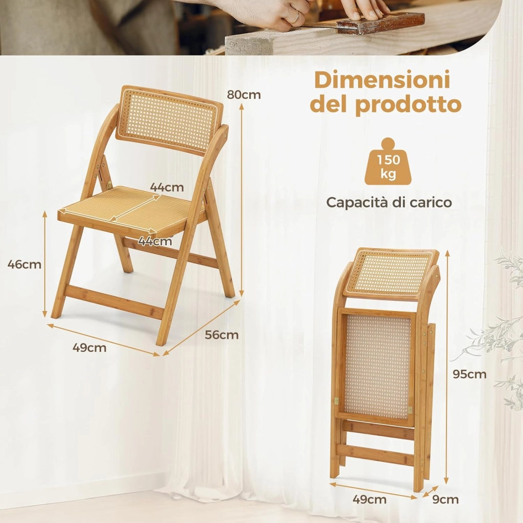 Set di 2 Sedie Pieghevoli in Rattan, Sedie da Sala Pranzo in Bambù con Schienale Rotolante, Sedie Stile Boho Senza Necessità di Montaggio, Capacità di 150 kg, per Cucina e Soggiorno, Naturale
