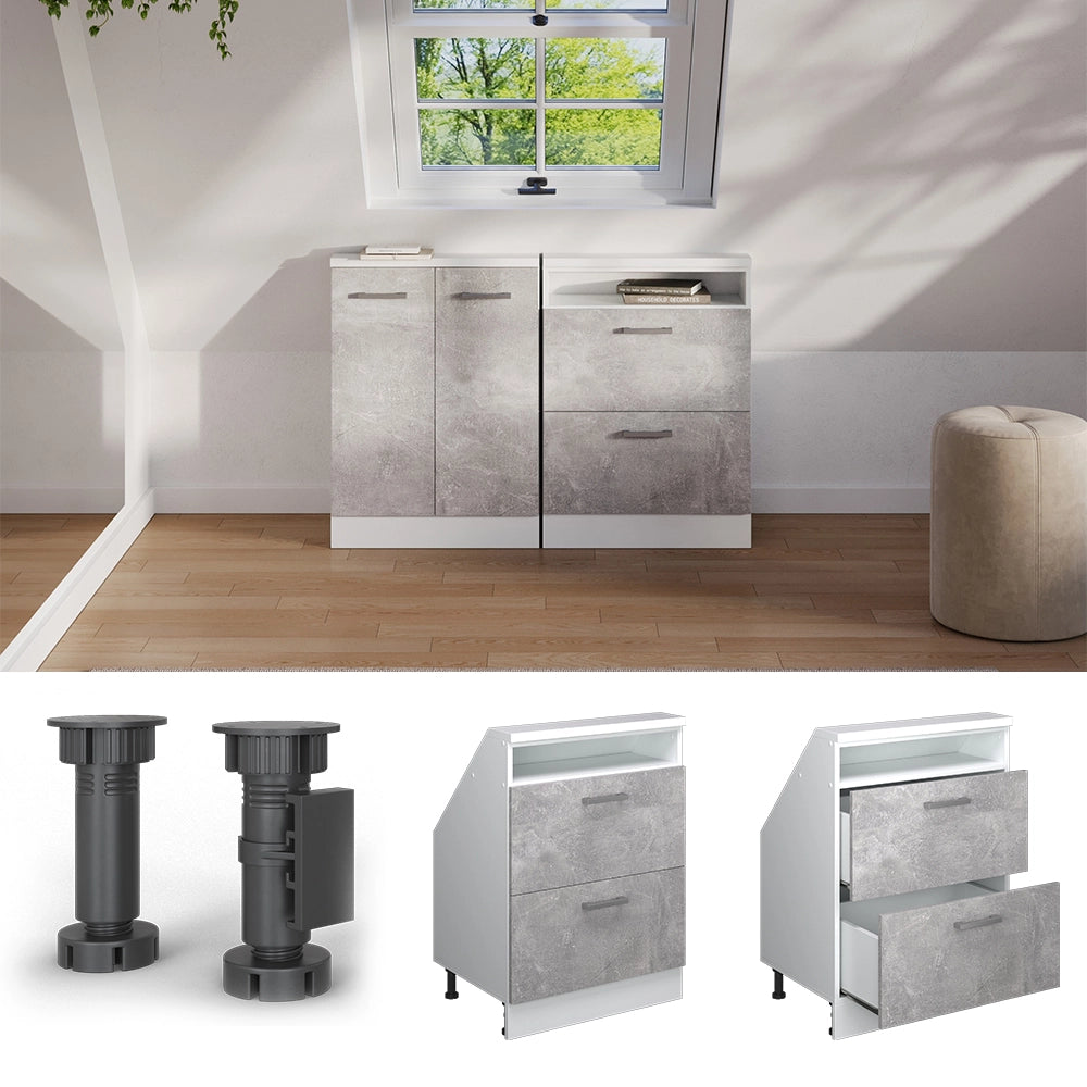 Mobile cucina sottotetto R-Line Calcestruzzo/Bianco 60 cm con 2 cassetti Vicco