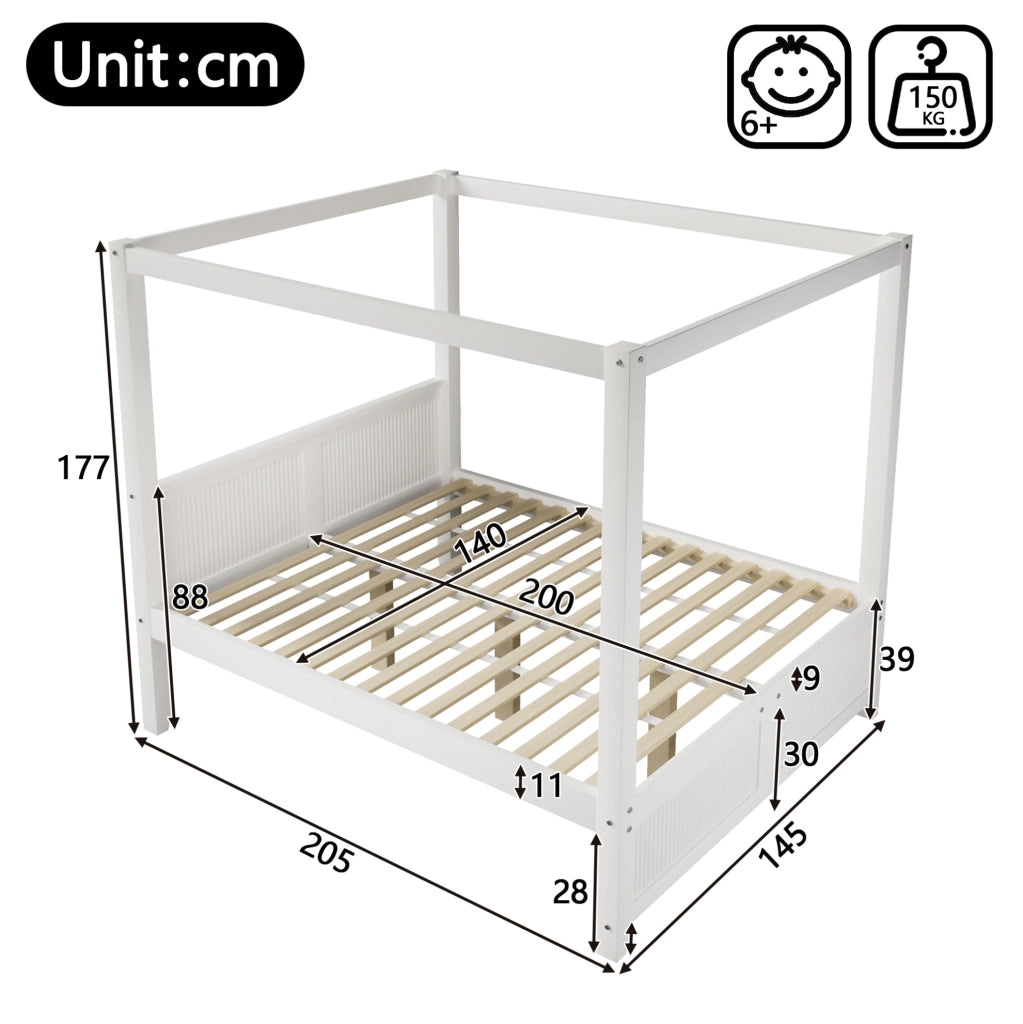 Letto a baldacchino 140 x 200 cm con lamelle verticali in pino e MDF; bianco