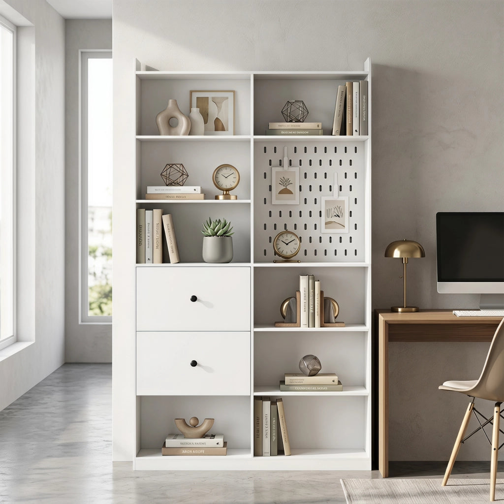 Libreria Doppia a 6 Livelli con Cassetti e Pannello Forato, Bianco