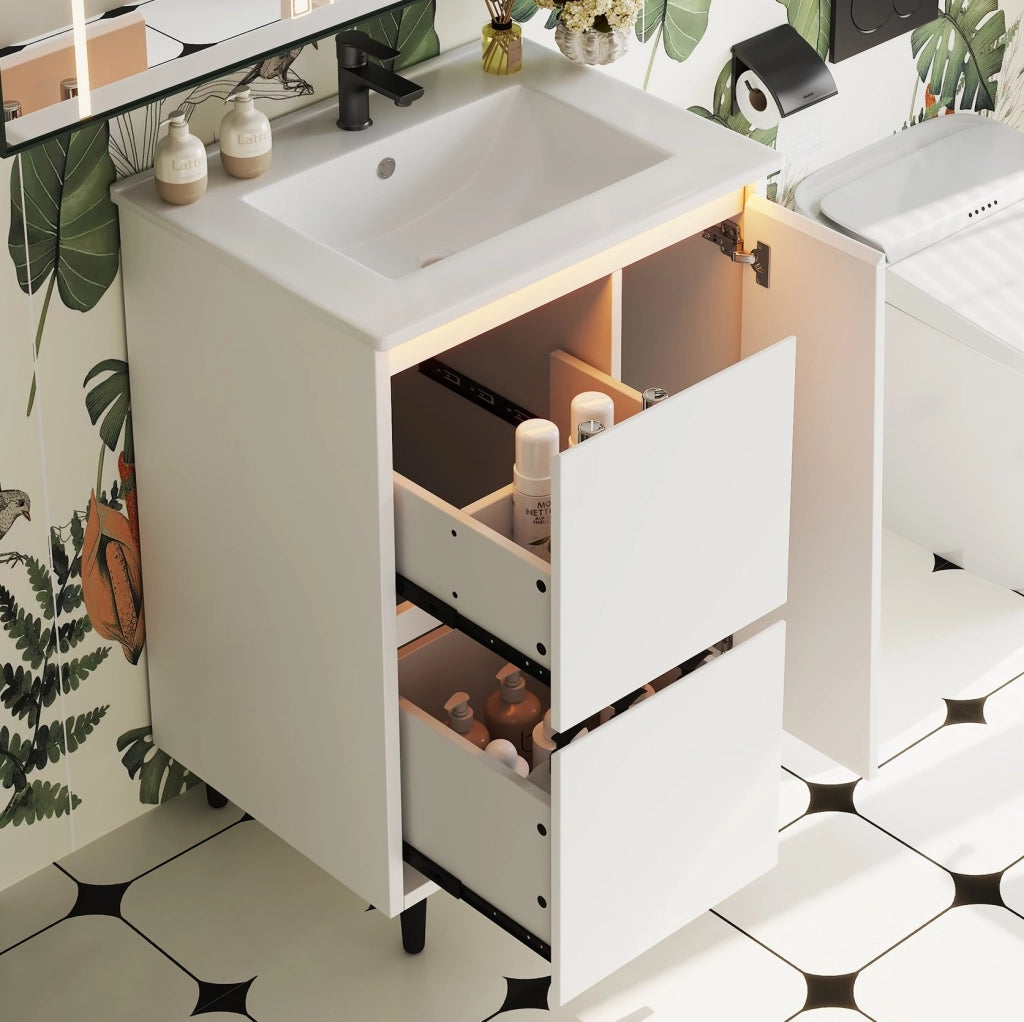 Mobile bagno freestanding con lavabo in ceramica e doppio cassetto