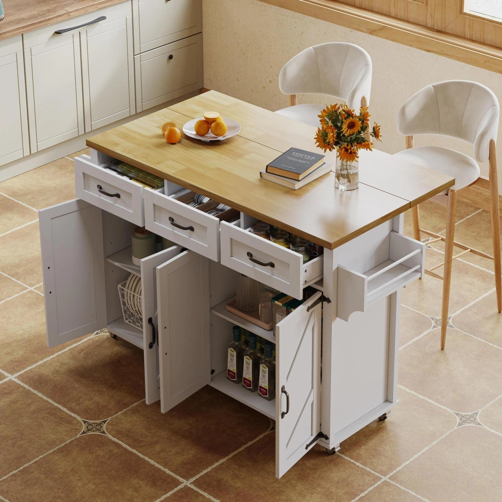 Isola da cucina con piano ribaltabile 140x43(70)x90;5 cm in MDF bianco e naturale