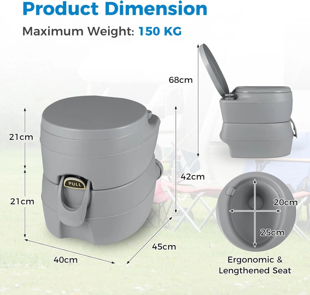 WC Portatile, Bagno Chimico con Pompa di Risciacquo, Serbatoio Acque Reflue 20L, Maniglia, Carico 150 kg, Altezza Seduta 40 CM, Toilette Portatile per Campeggio, Viaggi, Auto