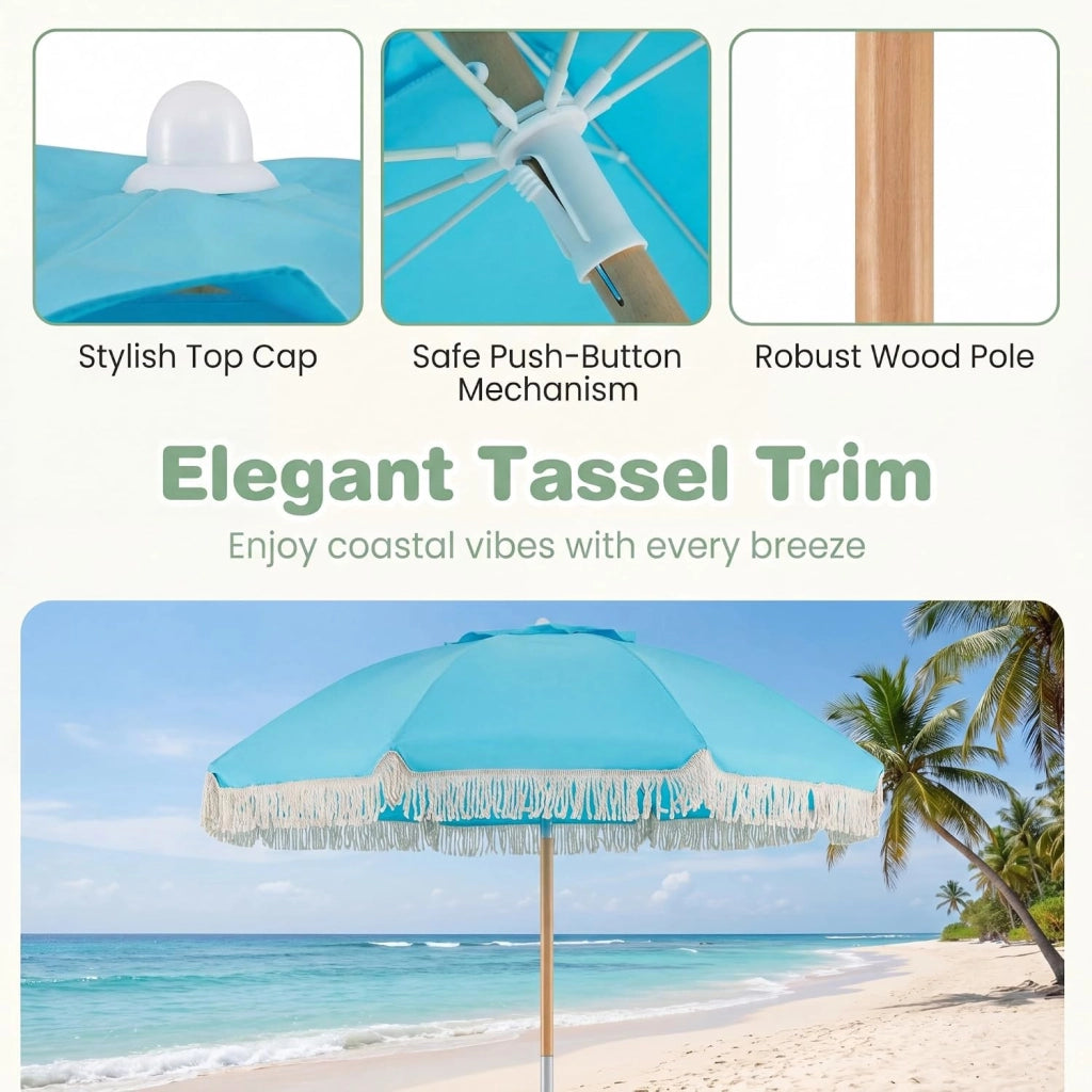 Ombrellone da spiaggia 170 cm, ombrellone rotondo con bastone di legno, ombrellone terrazza esterna inclinabile a 30° con 8 aste e doppio strato ventilato, per giardino, balcone