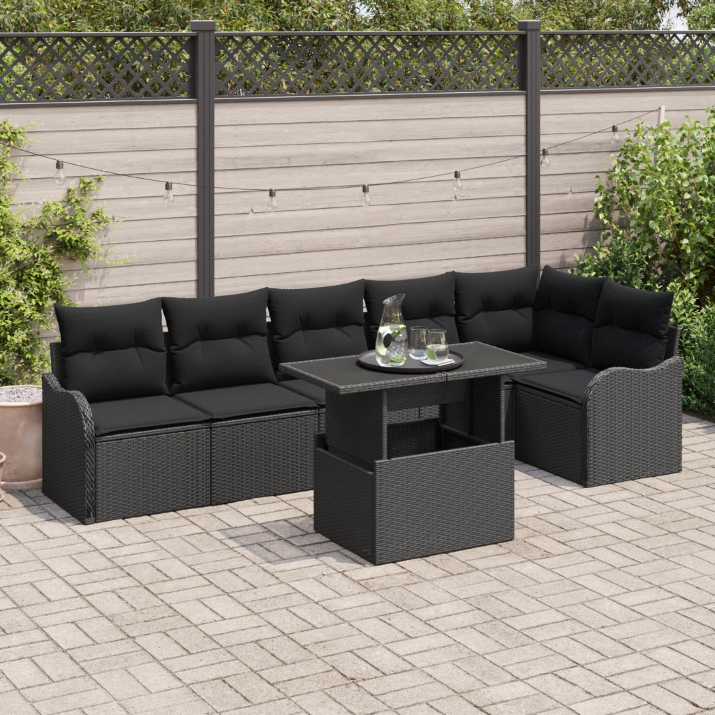 Set Divano da Giardino a 7 Pezzi con Cuscini Polyrattan Nero