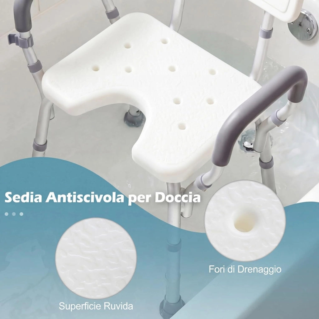 Sedia da Doccia Anziani, Sgabello da Doccia Antiscivolo con Braccioli e Schienale, Sedile a Forma di U e Altezza Regolabile, in Alluminio Resistente, per Disabili e Donne Incinte