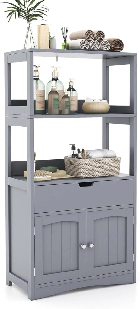Mobile da bagno con ripiano a 3 livelli e cassetto, armadio su piedistallo per bagno, dispositivo antiribaltamento, mobiletto portaoggetti 60 x 32,5 x 122 cm (nero)