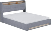 Letto imbottito Christin, Grigio/quercia, 160x200 con LED, porta USB e materasso