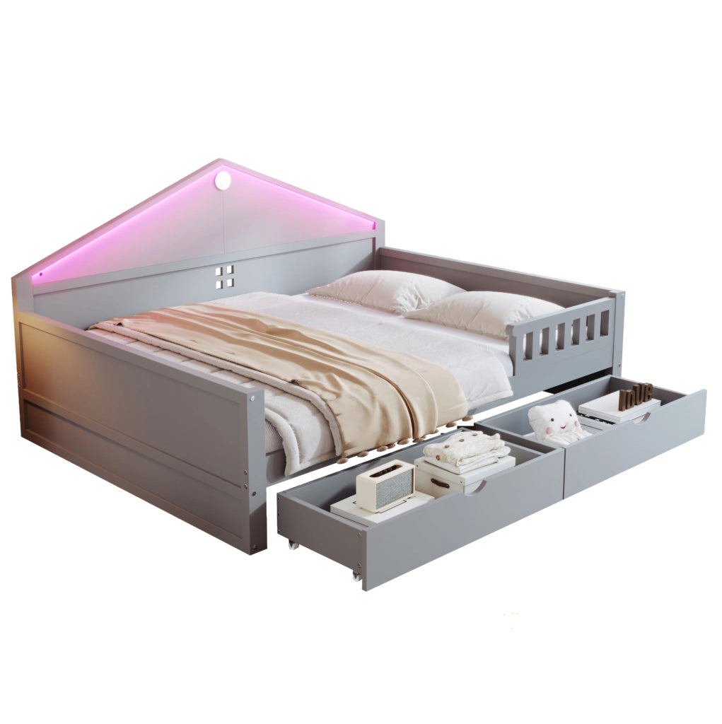 Letto 140x200 cm con LED e cassetti; grigio