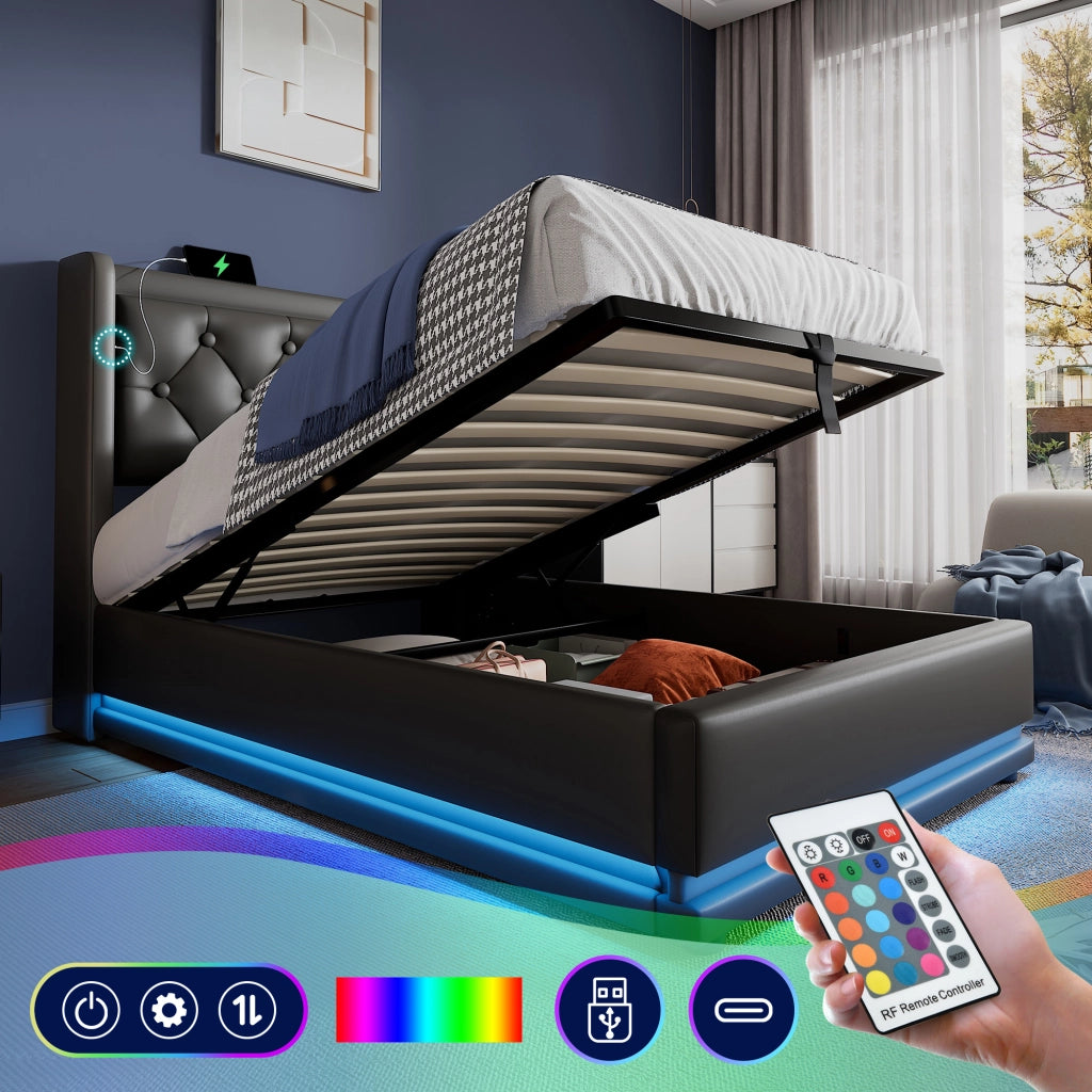 OKWISH Letto Contenitore 90×200 cm, Letto Singolo con Contenitore, USB, Tipo C e LED Regolabile, senza Materasso, in PU, Nero