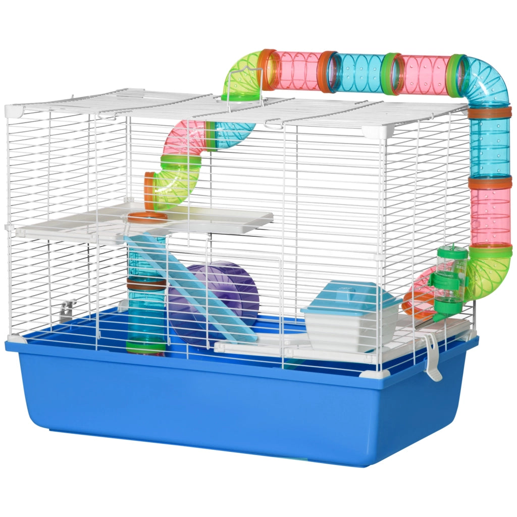 Gabbia per Criceti a 3 Livelli con Tunnel, Casetta e Ruota per Criceti, 59x36x47cm, Blu e Bianco