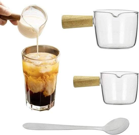 Set di 2 Bicchieri in Vetro per Caffè e Tè con Maniglia 2 Dimensioni (100/50ml) Bicchiere in Vetro Translucido per Latte con Cucchiaio per Servire Caffè e Tè