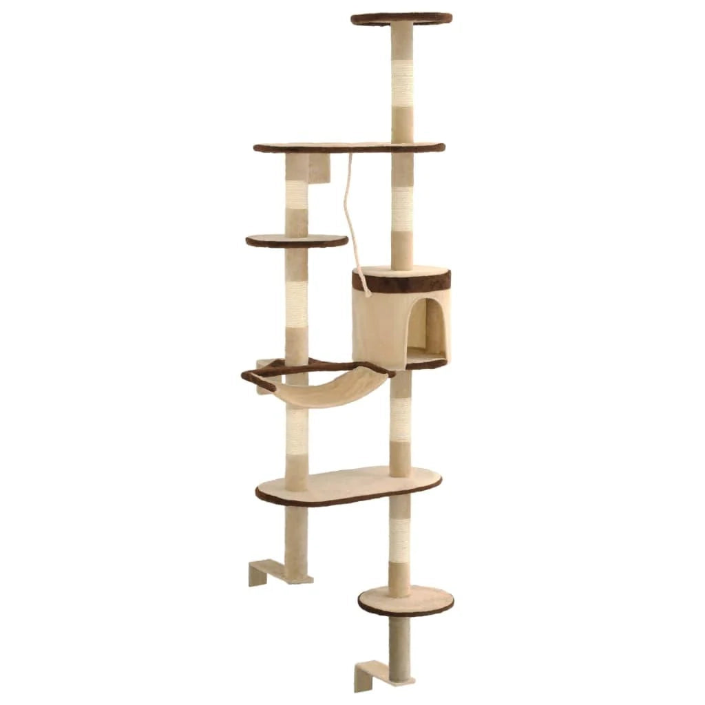 Tiragraffi albero per gatti cuccia per gatti giocattolo peluche sisal montaggio a parete 194 cm beige e marrone 3702091