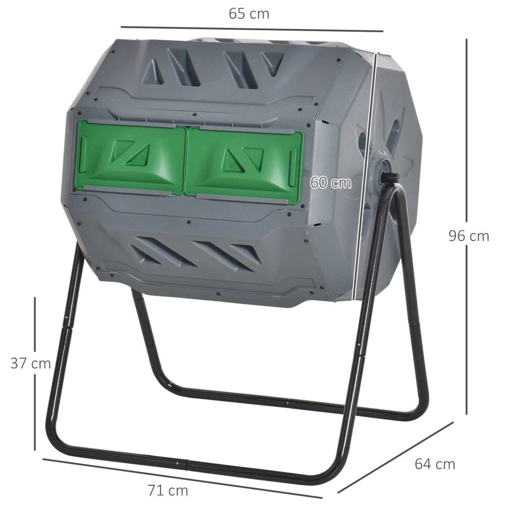 Compostatore a tamburo 160 L con 2 camere, rotazione 360°, struttura in acciaio, grigio