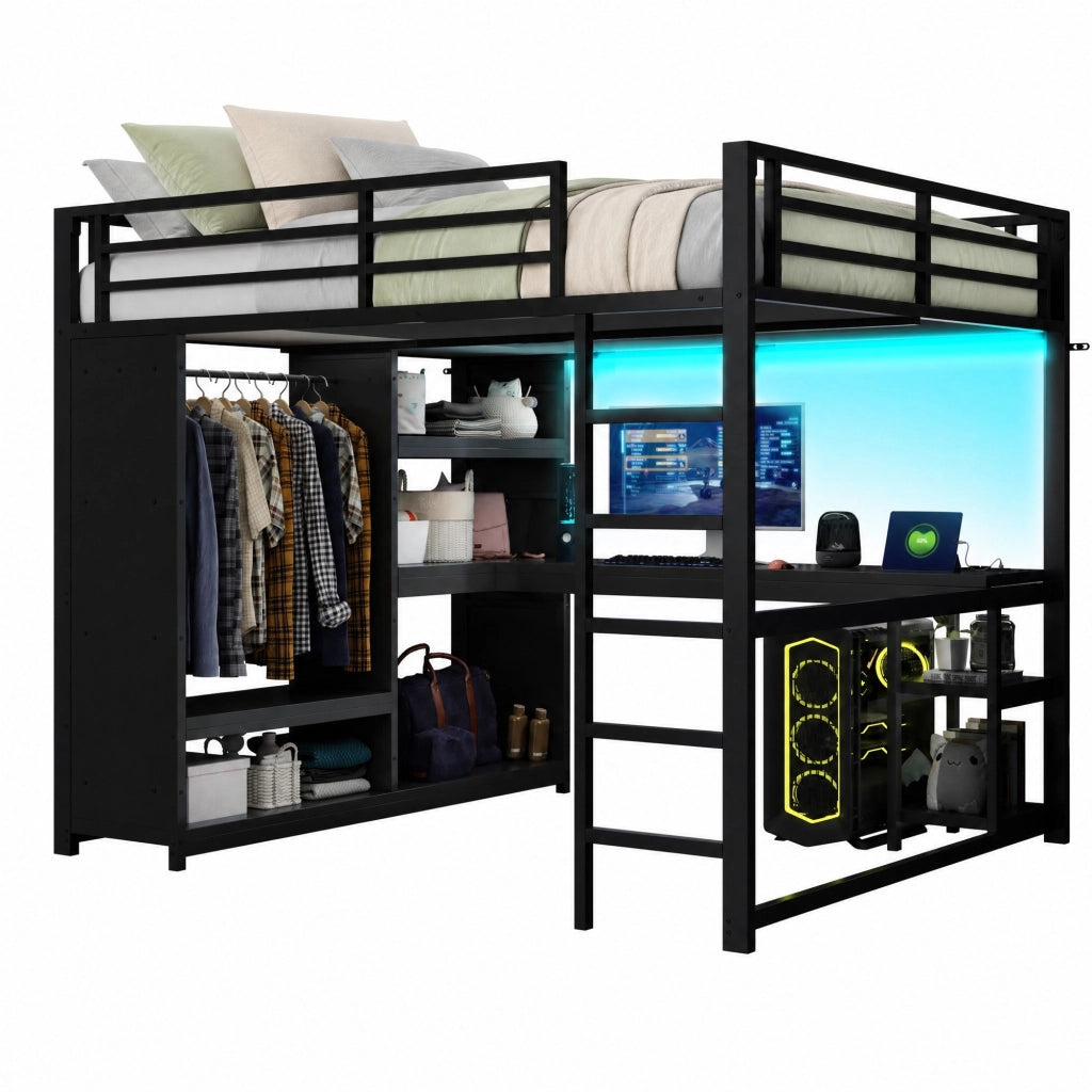 Letto a soppalco 160x200 in metallo con scrivania LED nero