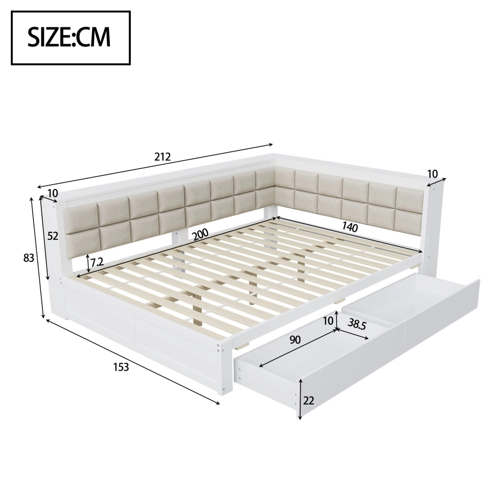 Letto salvaspazio una piazza e mezza 140×200 cm con 2 cassetti; testiera morbida e rete; senza materasso; legno bianco