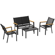Set 4 Pezzi Salotto da Giardino con Tavolino da Caffè in Vetro Temperato e 3 Sedute in Tessuto Texteline Nero