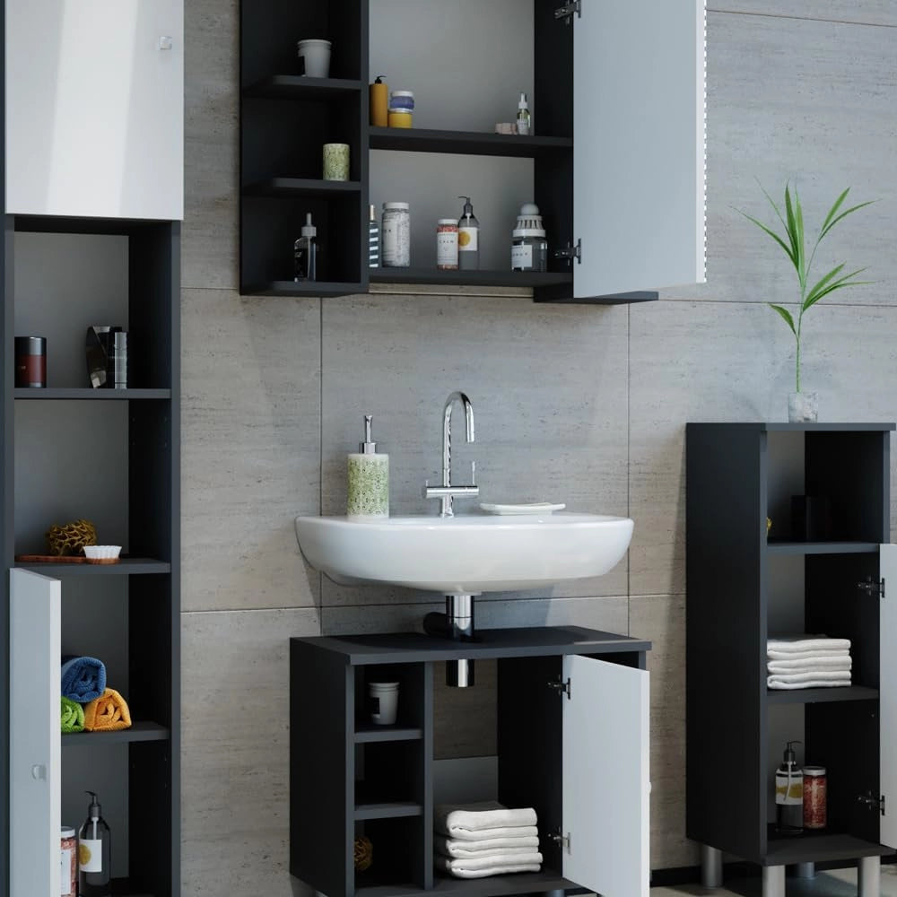 Set mobili bagno Fynn, Antracite, 60 cm, composto da mobile lavabo, pensile a specchio, colonna e base media
