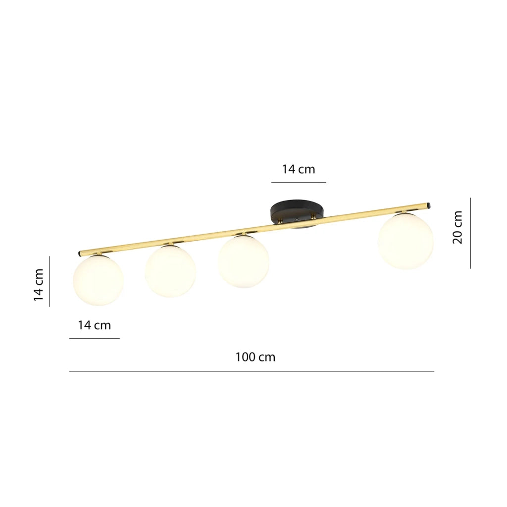 Plafoniera Contemporanea 4 Luci Achille In Acciaio Oro Nero E Sfere Vetro Bianco