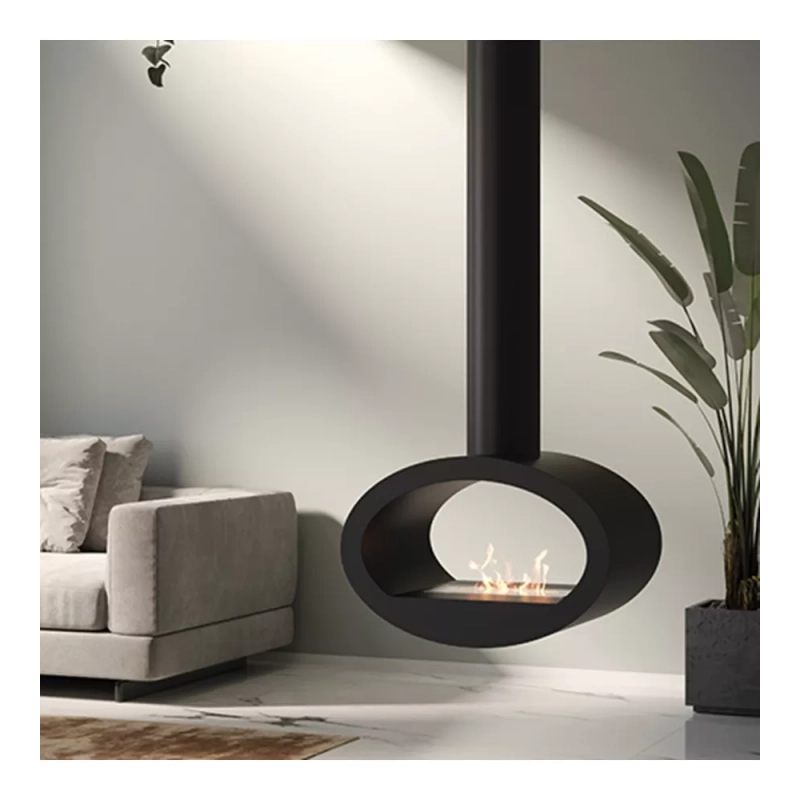 Biocamino da soffitto Cervinia Nero 2 kW – installazione a soffitto, bruciatore 1,5 L, struttura acciaio – Tecno Air System