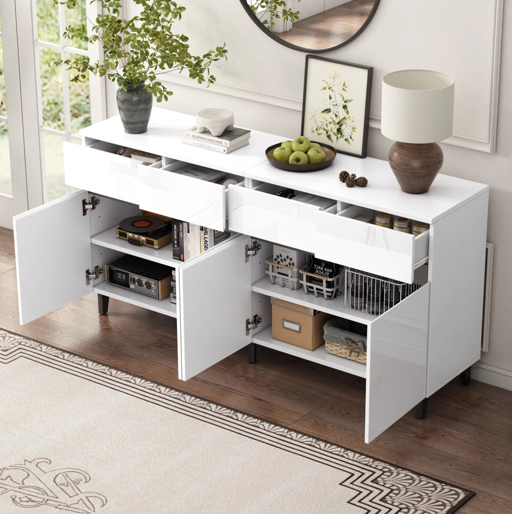Credenza bianca lucida 160 cm con 4 cassetti e ripiani regolabili