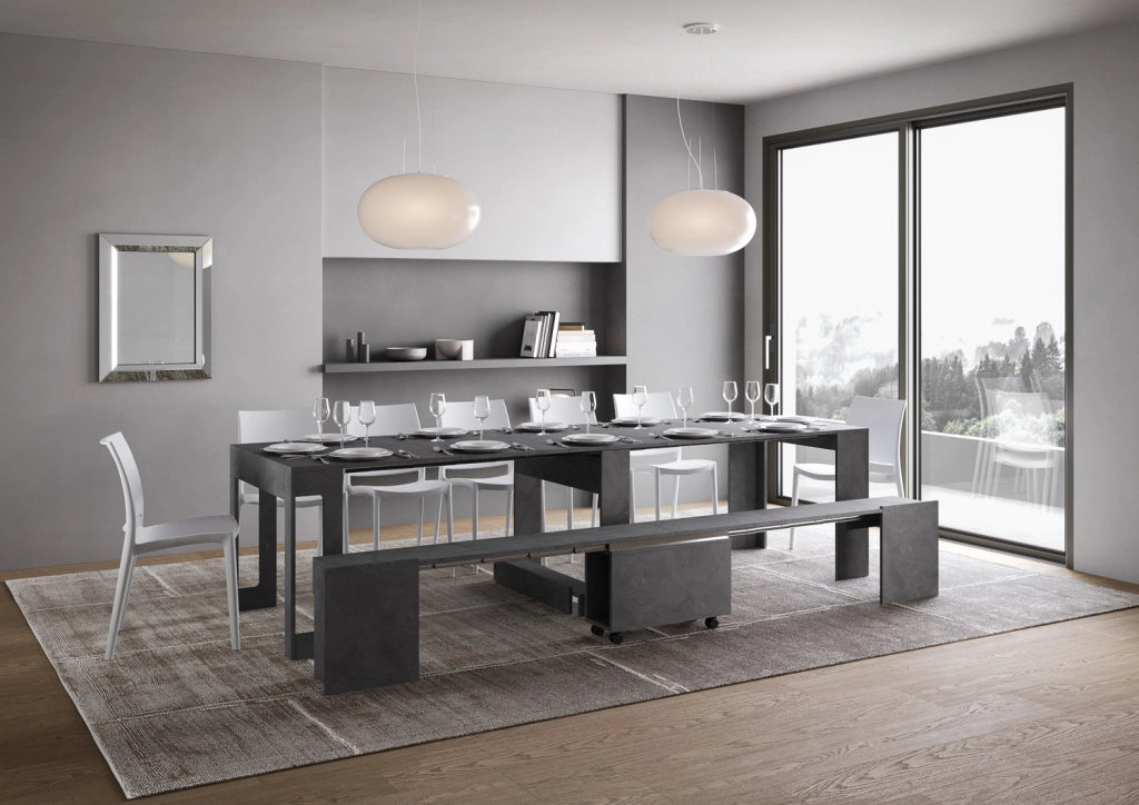 Consolle allungabile 90x42/302 cm Evolis Antracite Spatolato con panca inferiore
