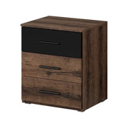 Tavolino da notte EOS – 3 cassetti – Rovere scuro e nero – Design moderno
