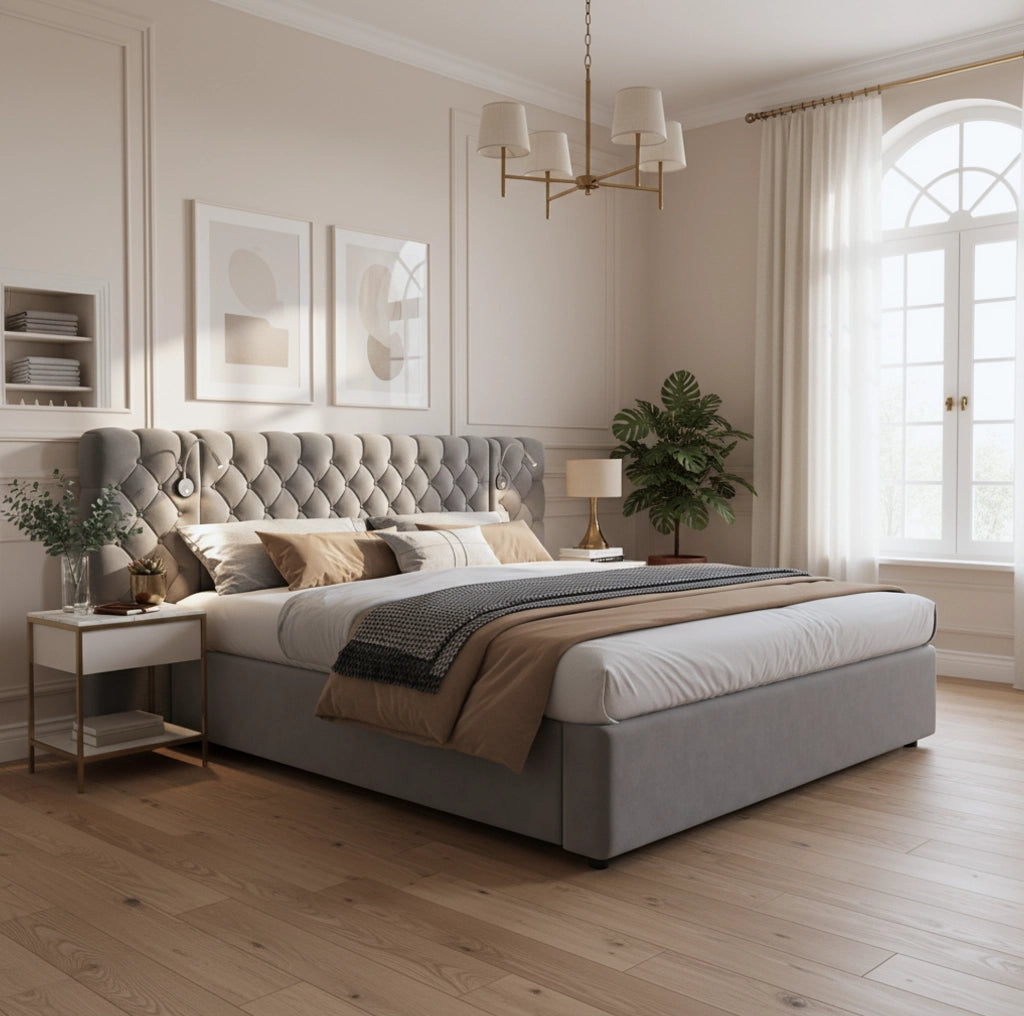 Letto matrimoniale 180x200 cm in velluto grigio con luce da lettura e contenitore idraulico