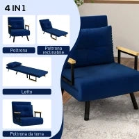 Poltrona Letto 3 in 1 con Schienale Reclinabile e Cuscino, in Tessuto Effetto Velluto, 63x73x81 cm, Blu