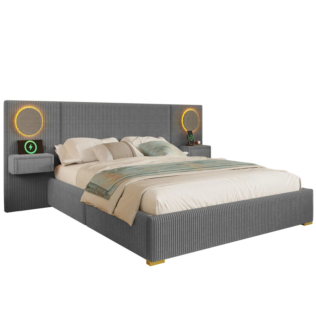 Letto imbottito 180x200 cm con LED, USB e comodini con cassetti in velluto grigio