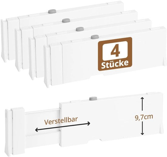 Set di 4 dividersi cassetti alti 9,7 cm, dividersi cassetti regolabili da 28-43 cm per abiti, dividersi cassetti per comodini, dividersi cassetti per bambini, organizzatori per tavoli da lavoro, cucine e uffici