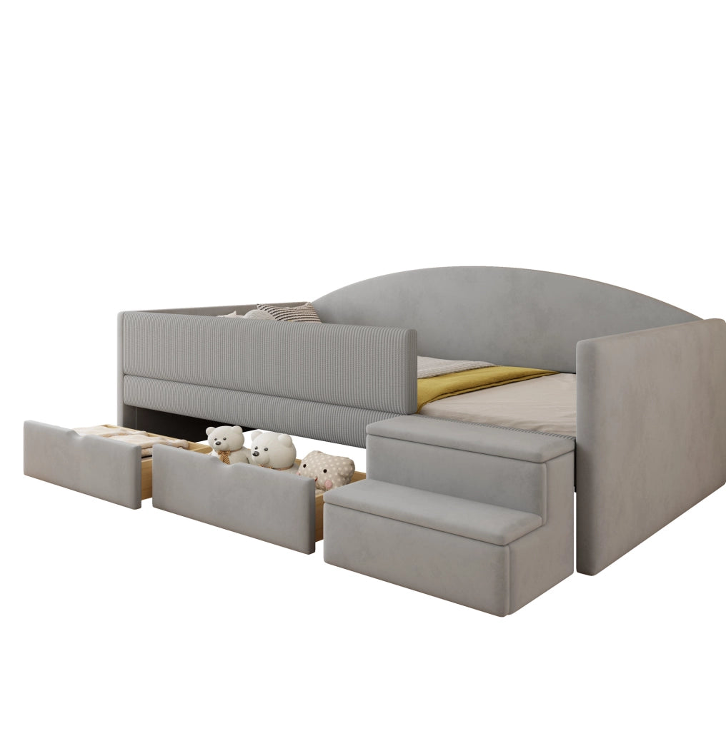 Letto imbottito 90x190 cm con due cassetti e scalini in velluto