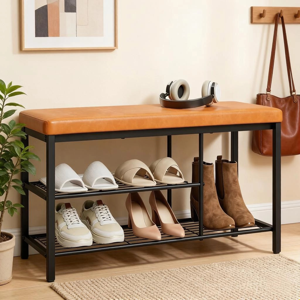 Scarpiera con seduta e 3 scomparti aperti in similpelle con struttura in metallo nero marrone 80 × 30 × 50 cm
