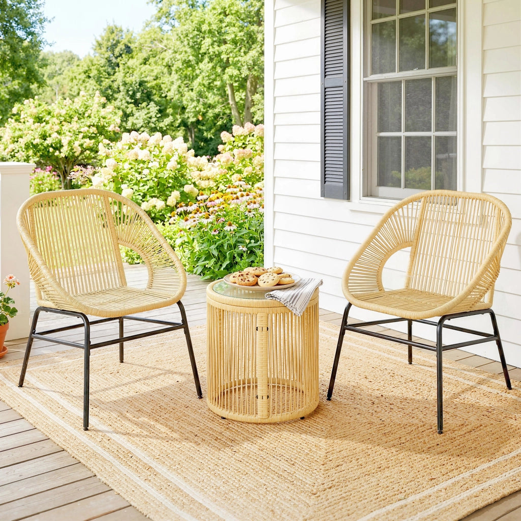 Set da Bistr¨° 3 Pezzi in Rattan e Acciaio ¨C zephmum ¨C Beige, Vetro Temperato