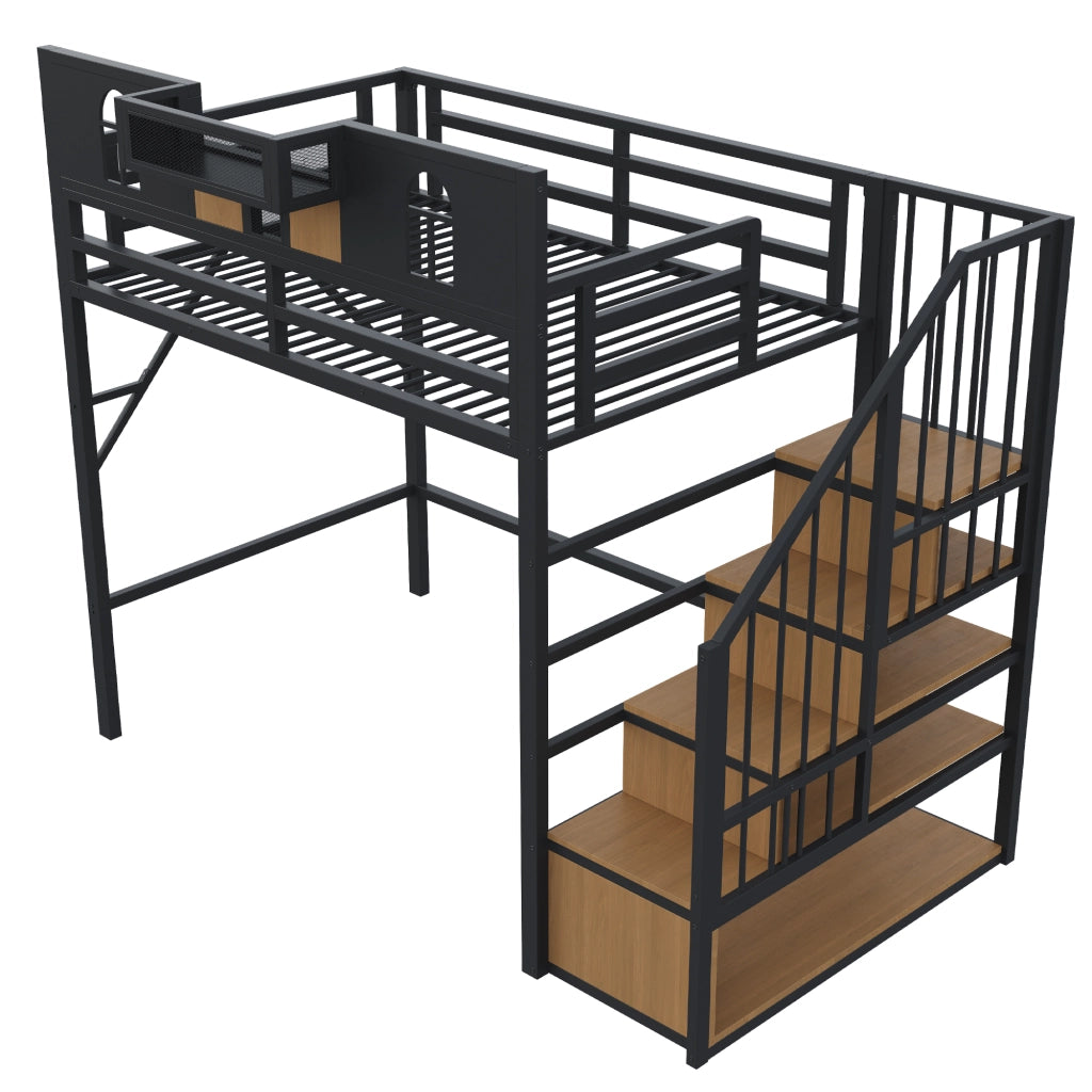 Letto a castello in metallo con scala contenitore e LED, 90x200 cm, nero