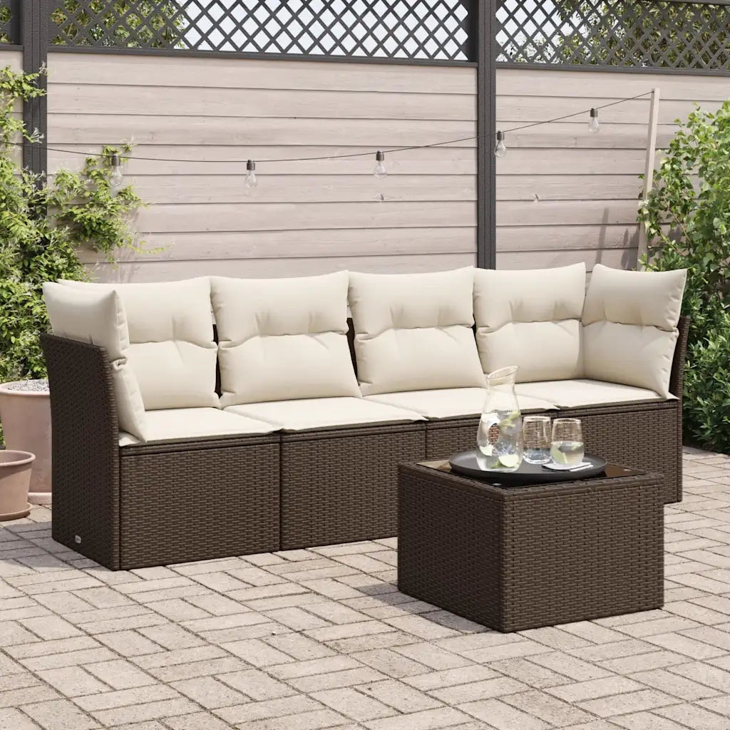 Set Divano da Giardino 5 pz | Set Salotto da Giardino con Cuscini Marrone in Polyrattan