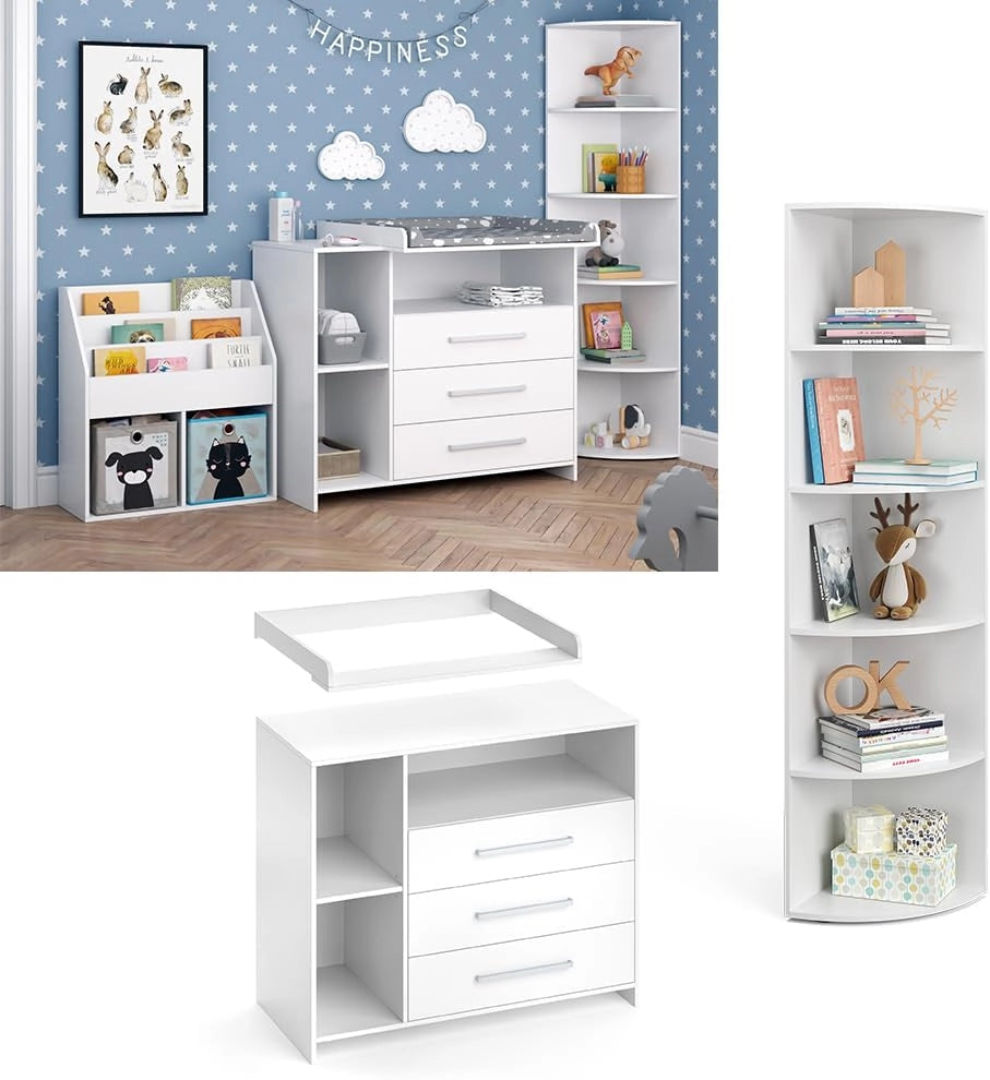 Set per cameretta Oskar, Bianco, 2 parti, con fasciatoio e ripiano per giocattoli, convertibile in una normale cassettiera dopo la rimozione del fasciatoio