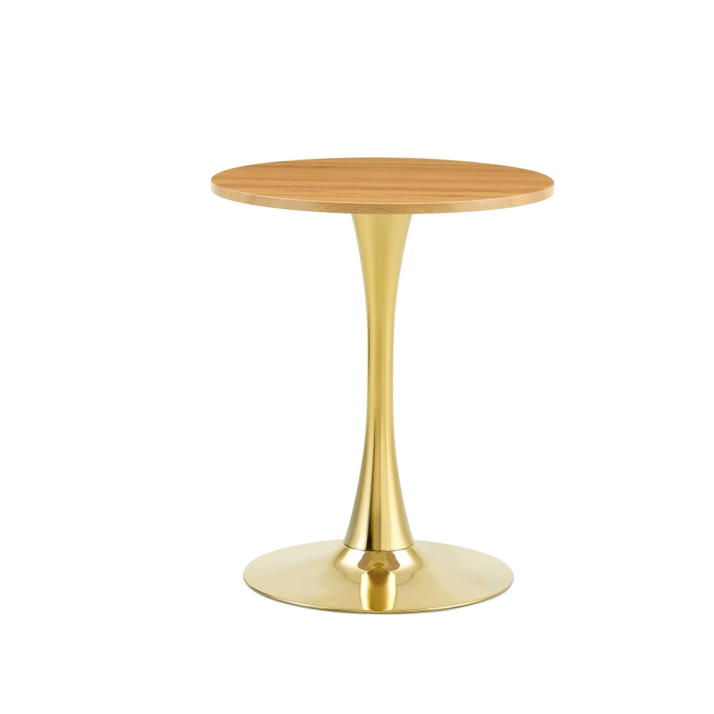 Tavolino rotondo da 60 cm con piano effetto legno e base dorata in MDF e metallo, altezza 72 cm